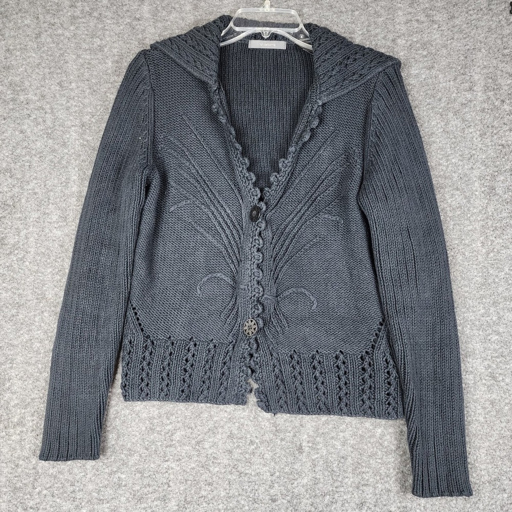 Liz Claiborne Cardigan Women Medium Black Pointelle Scalloped Knit Sweater